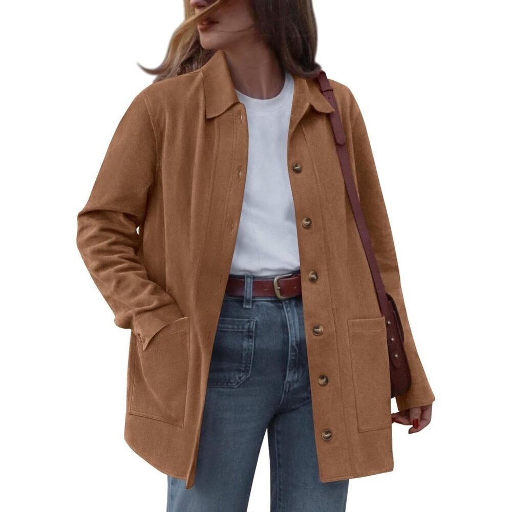 Women's Faux Leather Long Sleeve Camel Button Down Jackets Coats Outerwear